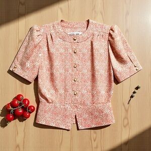 Vintage 90s Andrea Gayle Petites Pink Floral Peplum Blouse Puff Sleeve Size 8P